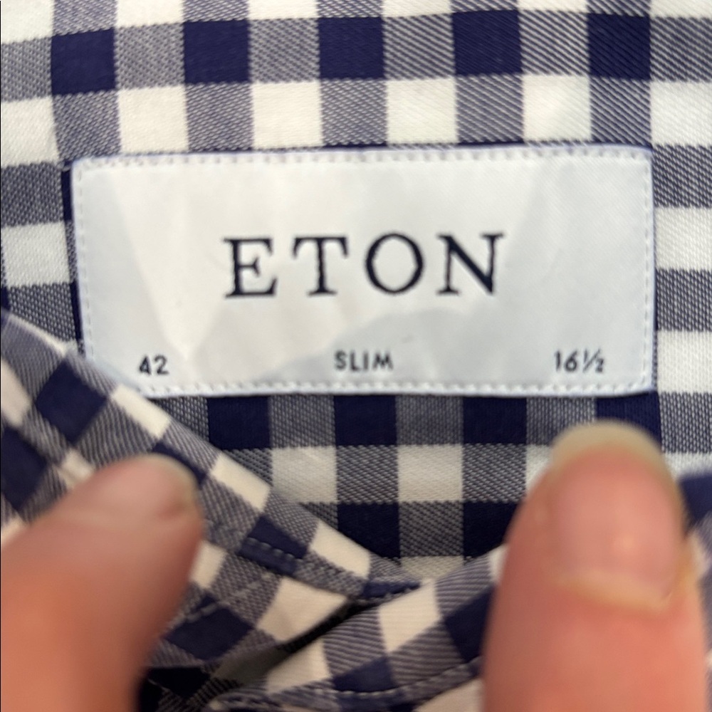 Eton Navy White Gingham Dress Shirt 16.5 Slim Fit Cotton Luxury Check - Picture 3 of 14